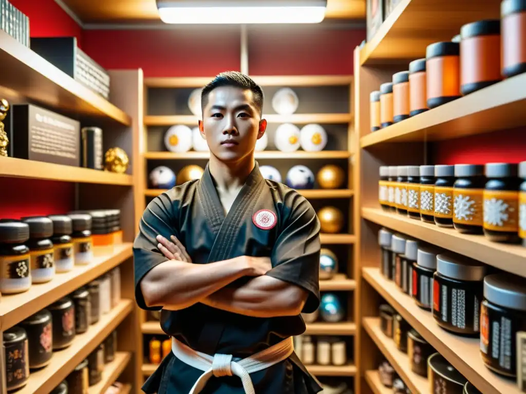 Entusiasta de artes marciales cuidadosamente exhibe su colección Un entusiasta de las artes marciales cuidadosamente arregla su colección de mercancía oficial en una inmersiva y visualmente impresionante exhibición