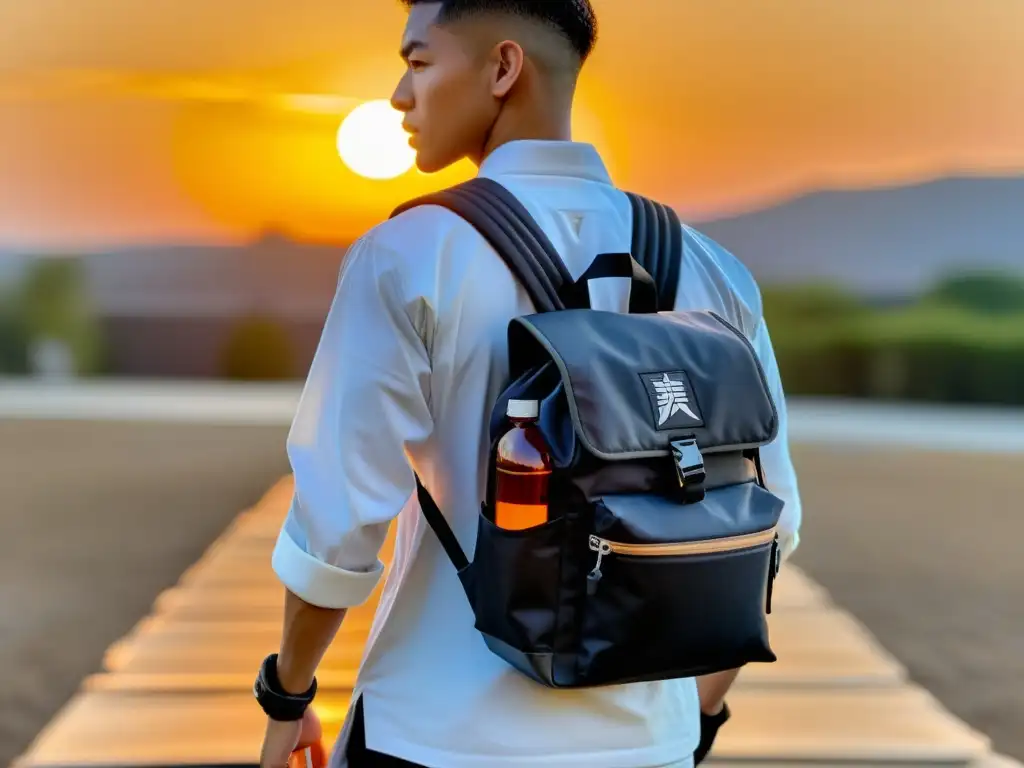 Un entusiasta de artes marciales camina hacia un dojo al atardecer con una mochila de equipo cómodamente en el hombro, listo para entrenar