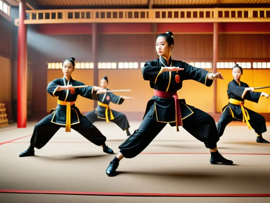 Un equipo de artistas marciales ejecuta un salto sincronizado con precisión y gracia en trajes tradicionales de kung fu