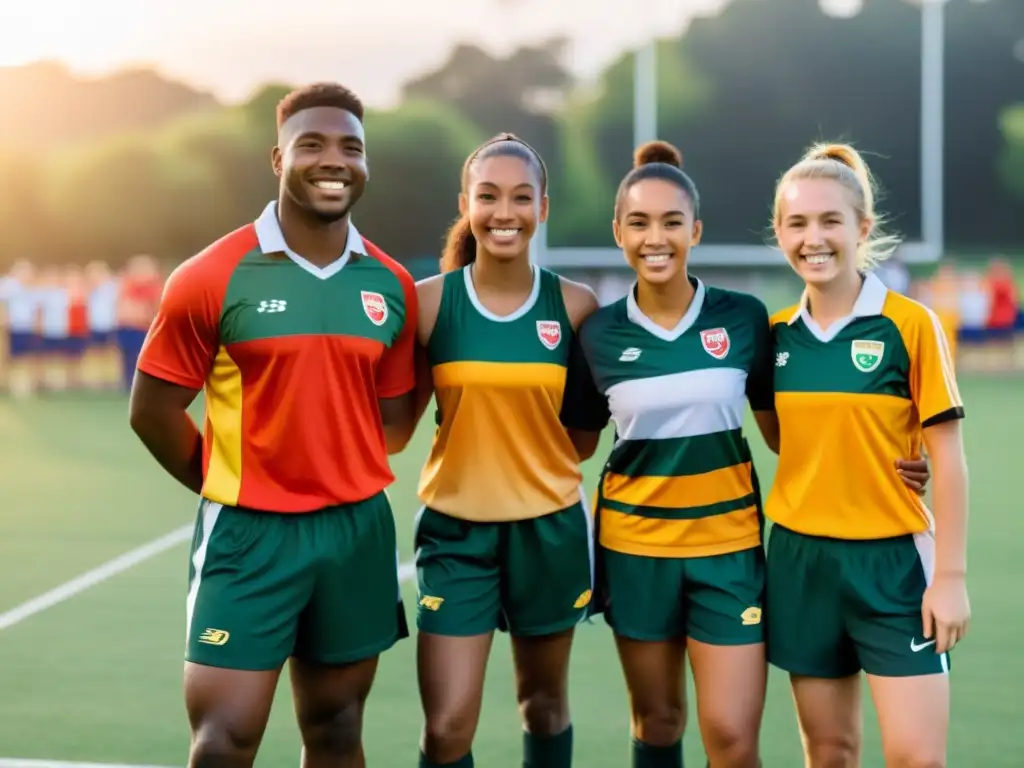 Un equipo diverso de jóvenes atletas, con uniformes coloridos, comparten sonrisas y camaradería al atardecer