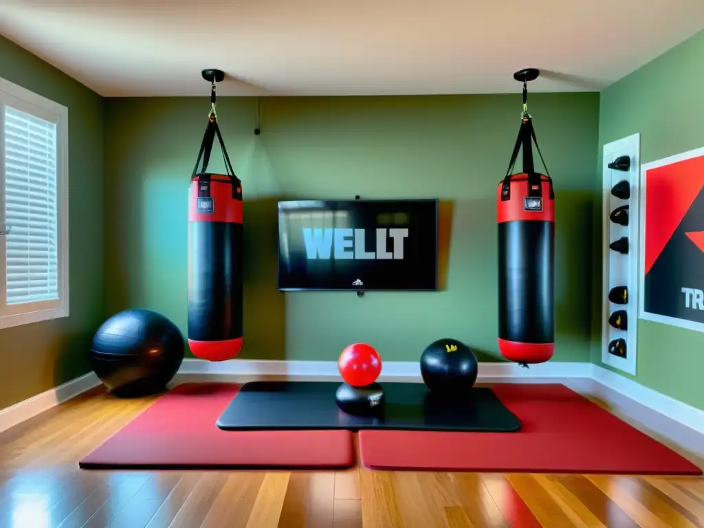 Equipo de entrenamiento en casa para artes marciales: Gimnasio bien iluminado con suelo de madera, muñeco de entrenamiento de artes marciales en el centro, personas practicando patadas en el fondo