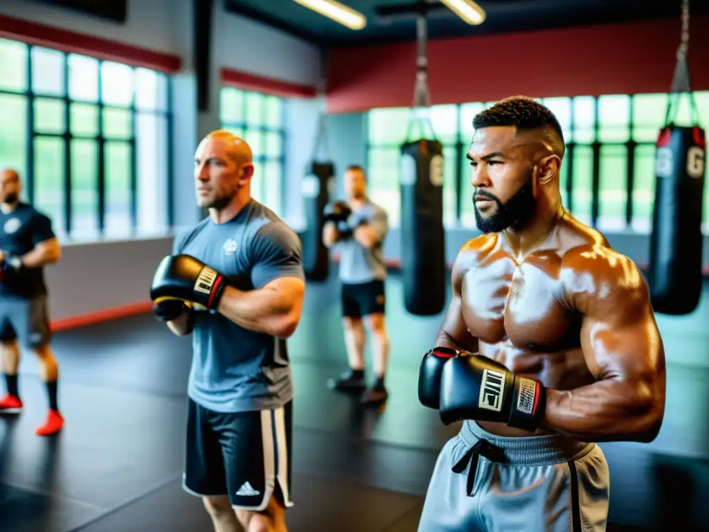 Un equipo de luchadores de MMA profesionales practica en un gimnasio moderno y espacioso, con determinación y sudor brillando en sus músculos