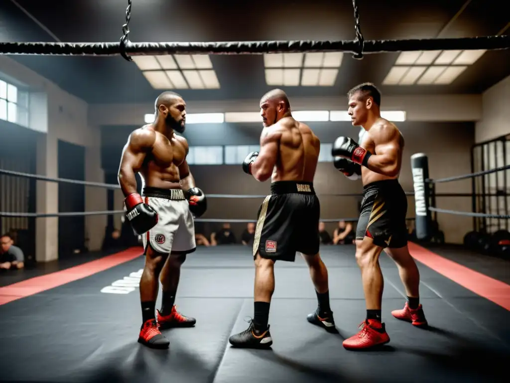 Equipo de MMA para principiantes entrenando con intensidad en un gimnasio oscuro y crudo, mostrando determinación y dedicación en cada movimiento