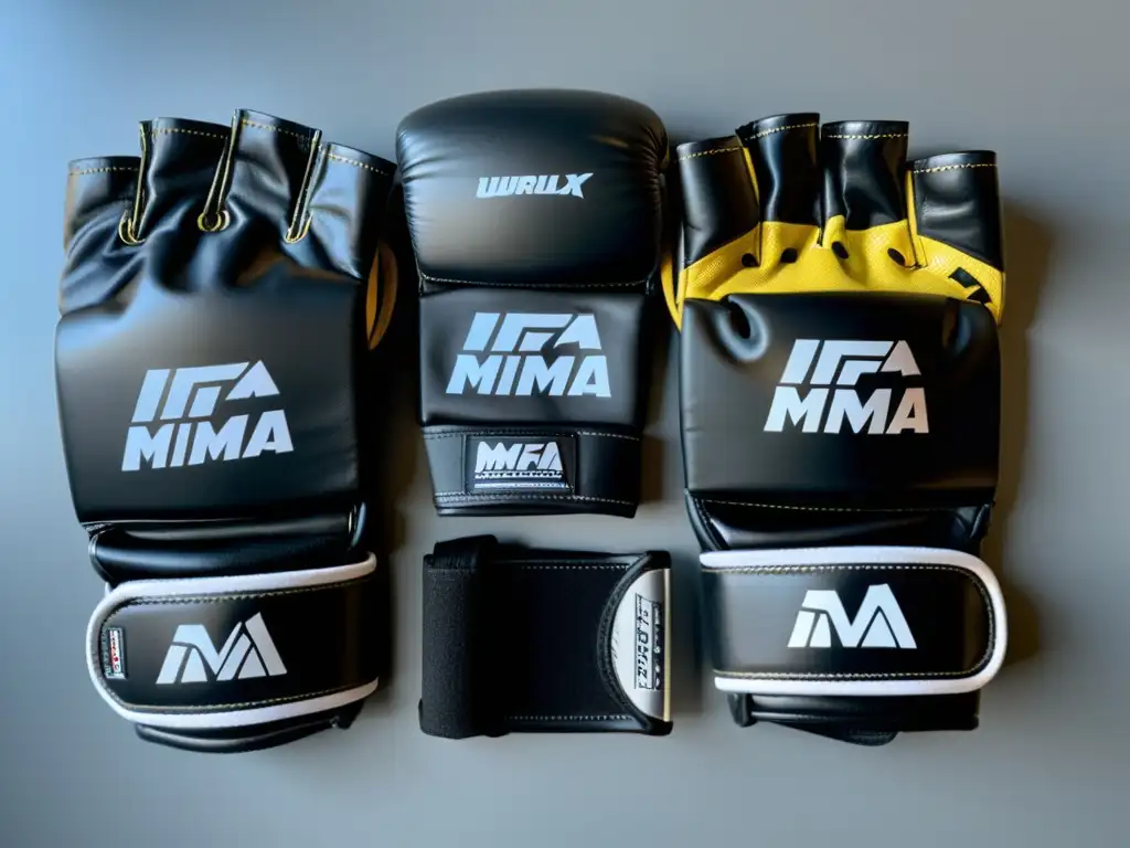 Equipo de MMA para principiantes: Detalle de guantes, vendas y protectores en superficie iluminada, listos para la acción