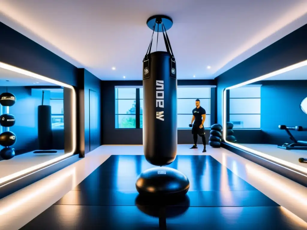 Equipos de alta tecnología para entrenamiento en casa: Gimnasio futurista con equipamiento de artes marciales de vanguardia y ambiente inspirador