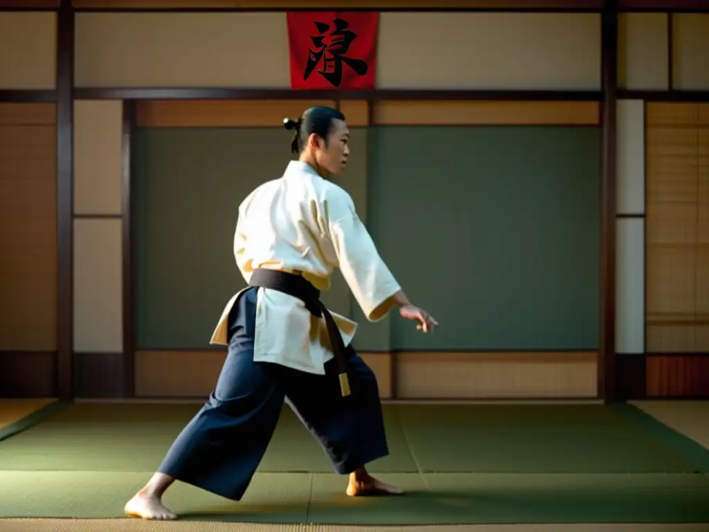 Escena de Aikido en dojo tradicional, reflejando la disciplina y serenidad de esta influencia cultural en el cine y la televisión