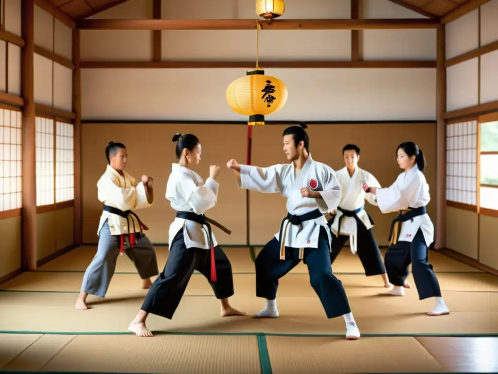 Escena cautivadora de entrenamiento de karate con grupo de artistas marciales en un dojo tradicional japonés