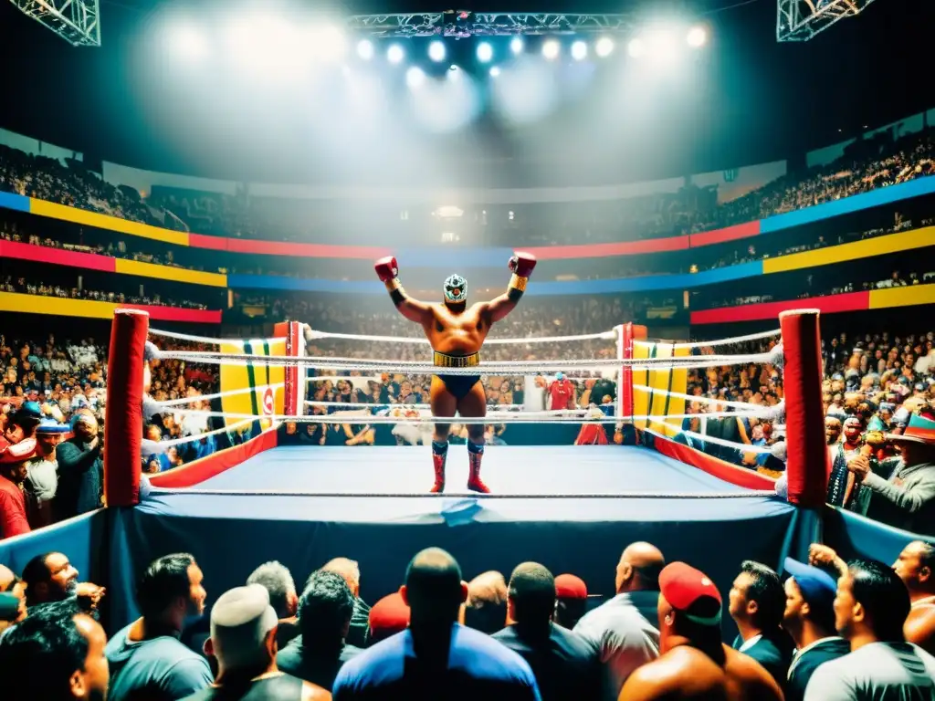 Escena documental de luchadores legendarios en un ring tradicional, rodeados de fanáticos y pancartas coloridas