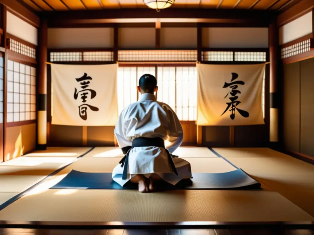 Escena impresionante de un dojo de artes marciales con luz natural, sombras dramáticas y práctica en vivo