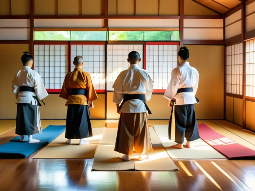 Una escena tranquilamente poderosa en un dojo de artes marciales japonés tradicional, con consejos para elegir Hakama Aikido