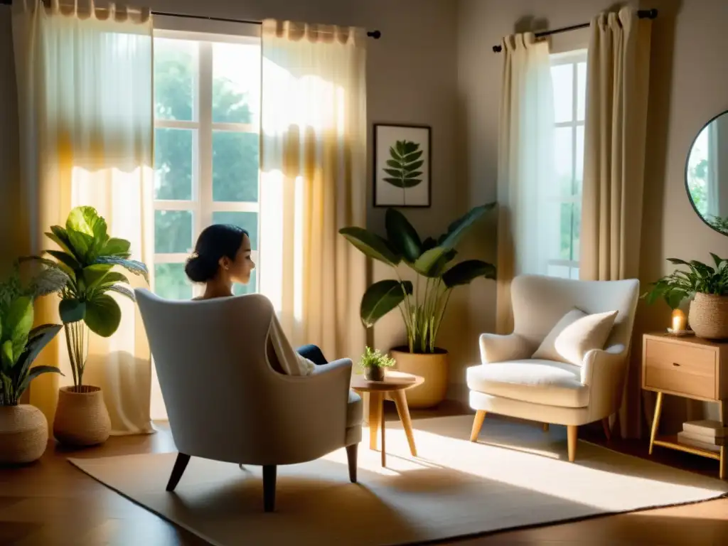 Escena serena con persona relajada en un sillón, rodeada de plantas y luz dorada