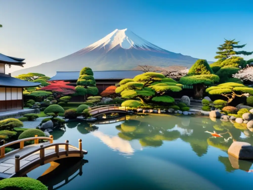 Una escena de un jardín japonés tradicional con bonsáis, un estanque de koi y el Monte Fuji al fondo