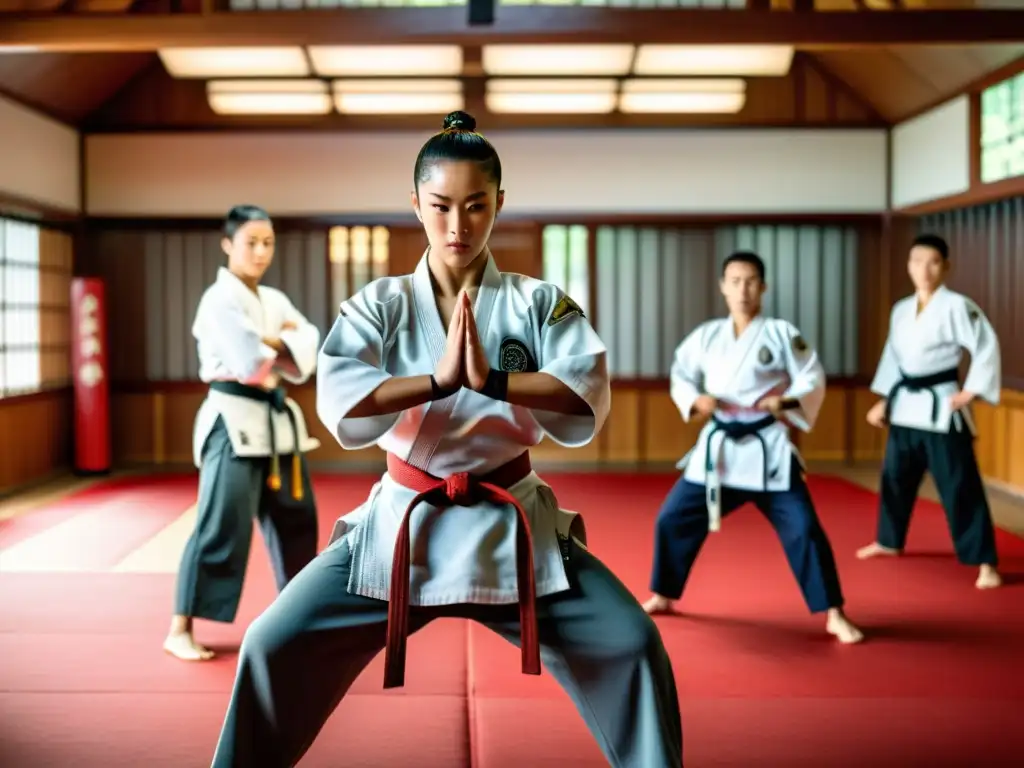 Escena vibrante de un dojo de artes marciales con estudiantes practicando diferentes disciplinas, destacando el microbioma en artes marciales