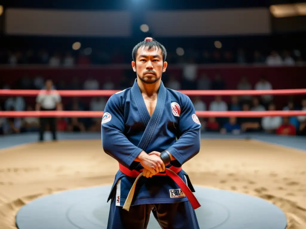 Kazushi Sakuraba en el escenario de las artes marciales mixtas, listo para el desafío, rodeado de expectación y determinación