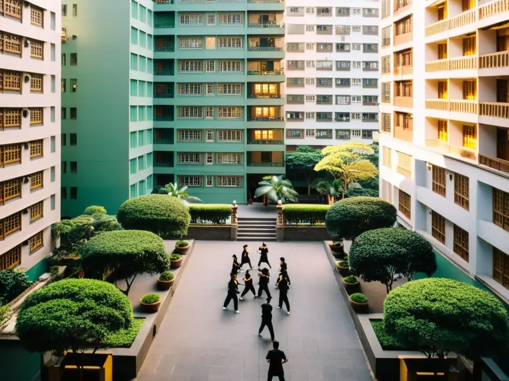 Escuela tradicional de Wing Chun en Hong Kong, donde estudiantes practican artes marciales, entre rascacielos