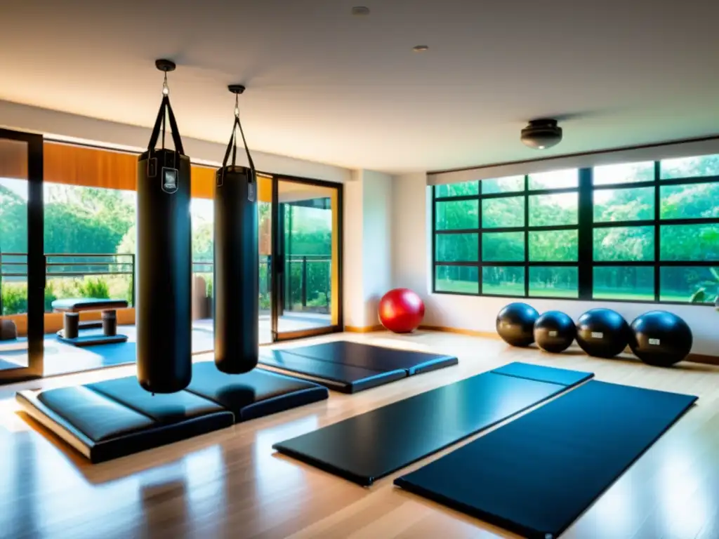 Crear espacio entrenamiento artes marciales en hogar con tatamis, equipo de artes marciales y decoración elegante, iluminado por luz natural