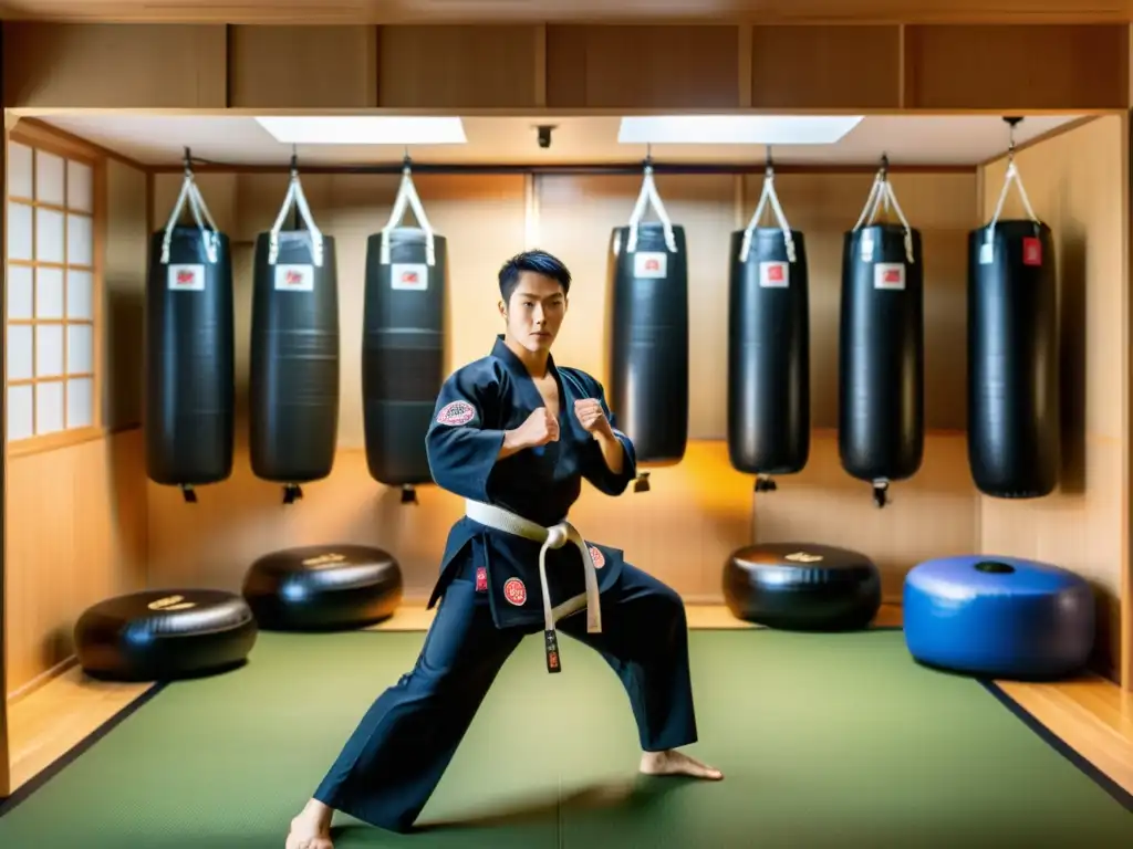 Crear un espacio de entrenamiento de artes marciales en casa: ambiente inspirador con tatamis, artista marcial realizando una patada poderosa