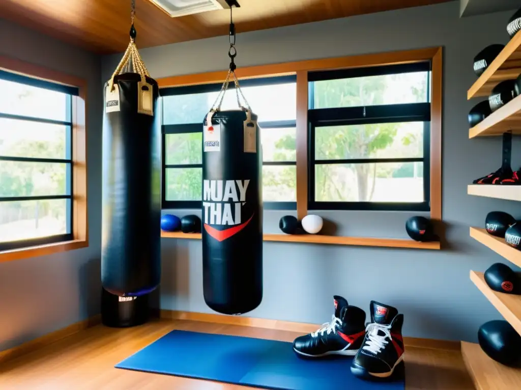 Espacio de entrenamiento intensivo Muay Thai online con bolsa profesional, guantes, vendas y protecciones