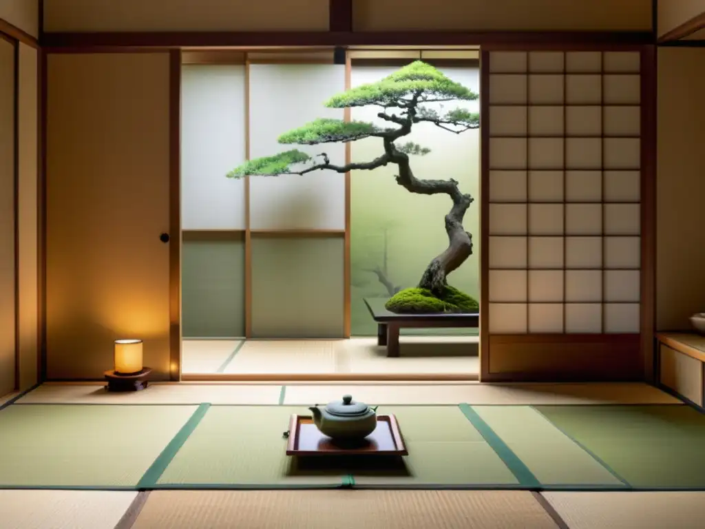 Espacio de meditación japonés con tatamis, puertas de papel shoji, y un cuadro de bonsái