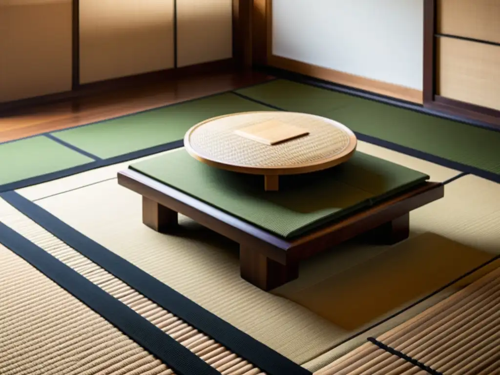 Un espacio sereno con los mejores asientos de meditación marcial en un tatami japonés y taburete de madera