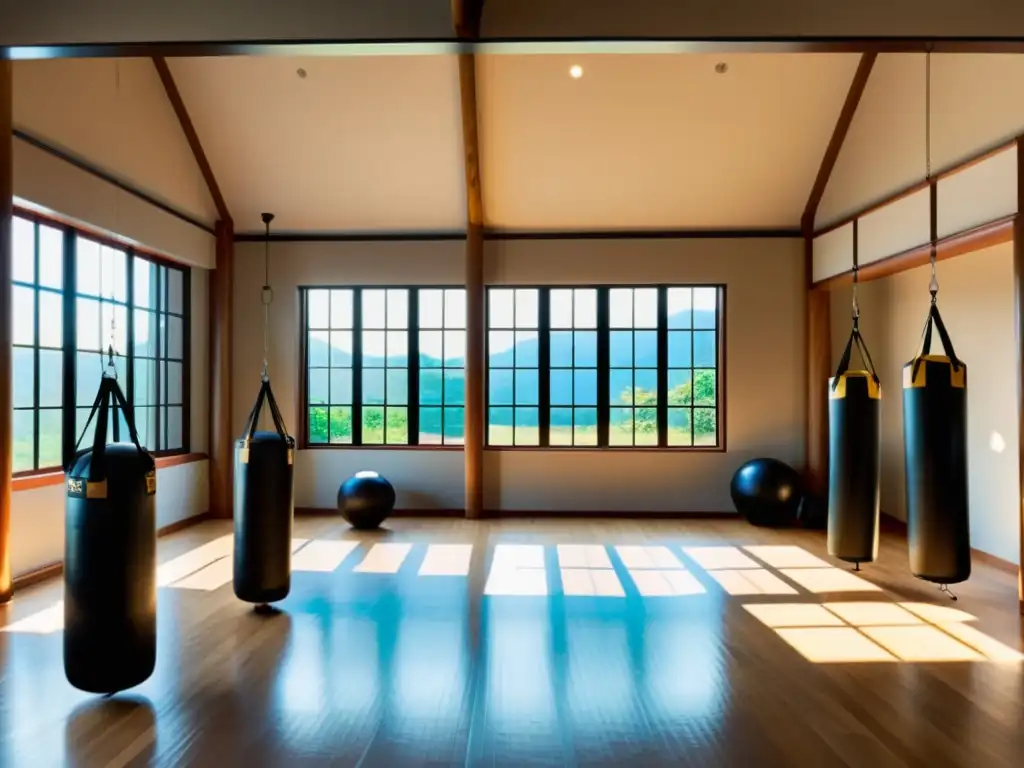 Espacioso salón para crear espacio entrenamiento artes marciales, con tatamis, sacos de boxeo y ambiente sereno y enfocado