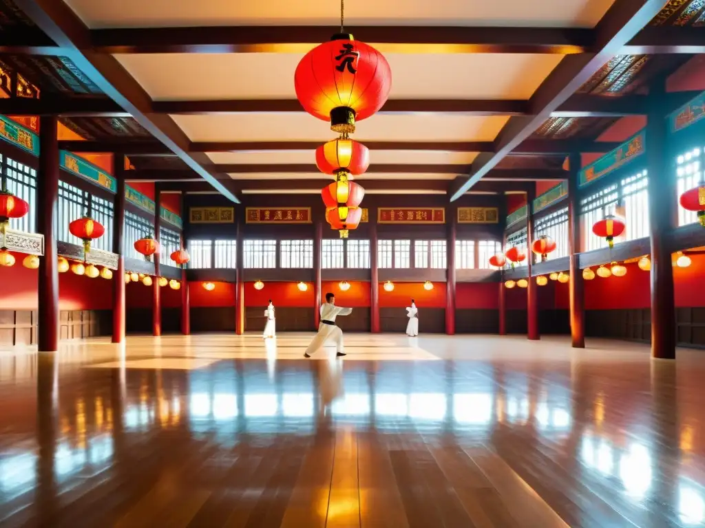 Espacioso salón de entrenamiento de Kung Fu con estudiantes y instructor demostrando técnicas