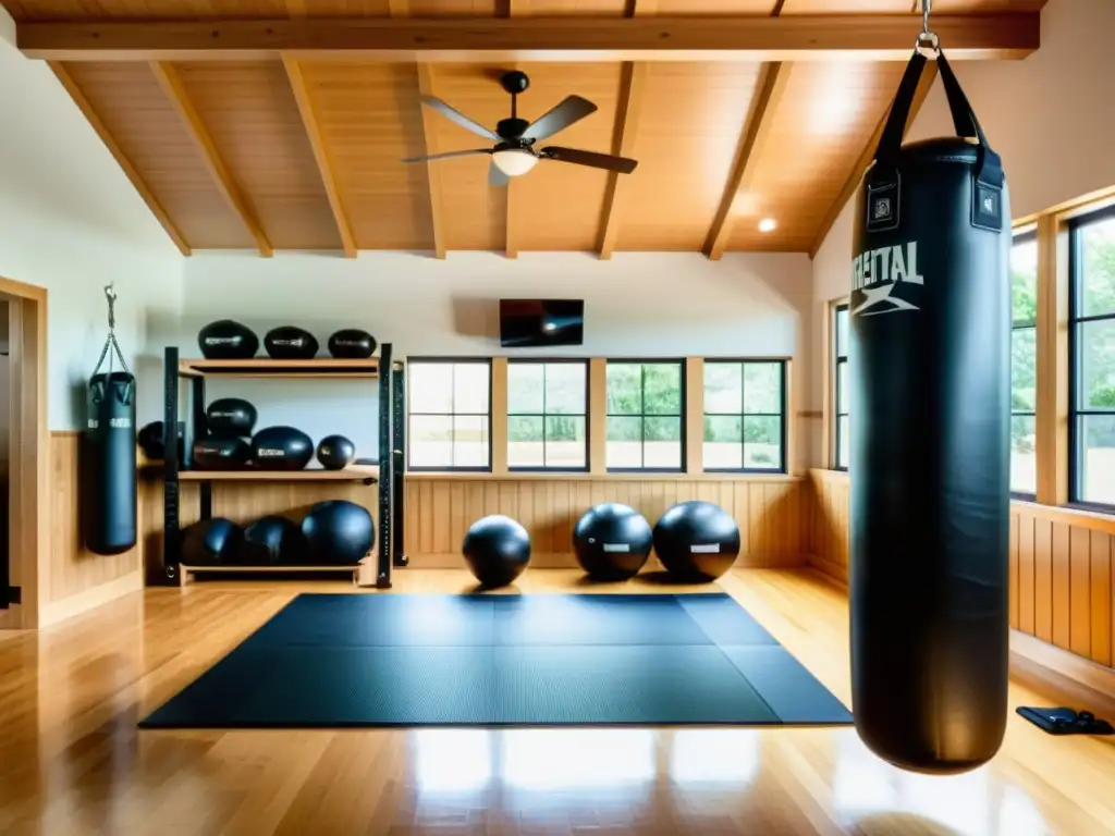 Espacioso gimnasio casero equipado para entrenamiento de artes marciales con motivación y tradición