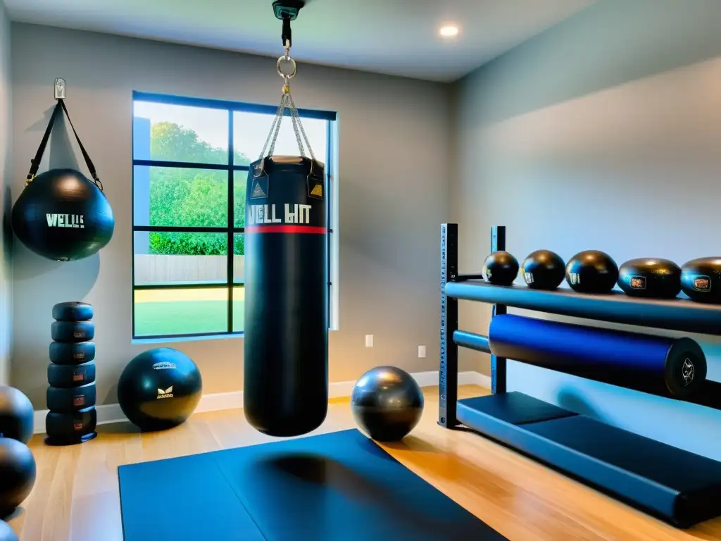 Espacioso gimnasio casero con equipamiento para artes marciales y motivación, guiado por entrenadores personales online artes marciales