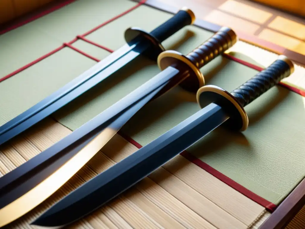 Dos espadas de entrenamiento, una de polipropileno y otra de madera, descansan sobre un tatami japonés, mostrando su impacto cultural y artesanal