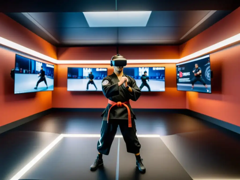 Una estación de entrenamiento virtual de artes marciales con tecnología avanzada y un ambiente inspirador