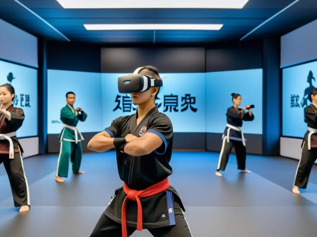 Estaciones de entrenamiento virtual artes marciales: Estudiantes realizan movimientos sincronizados en un dojo virtual futurista y auténtico