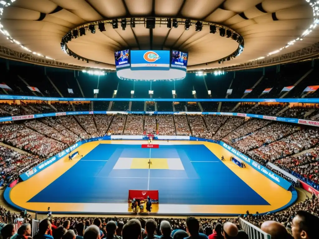 Un estadio lleno de espectadores animados presenciando un emocionante combate de Sambo