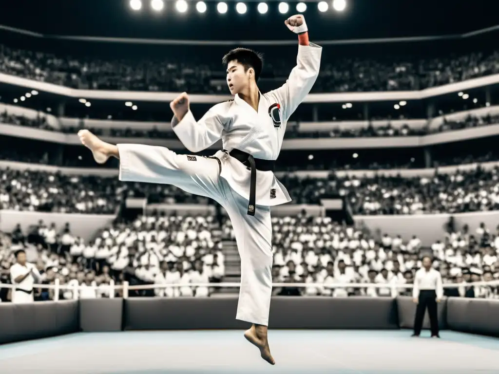 Un estadio lleno de espectadores vitoreando mientras un practicante de taekwondo ejecuta un potente patada voladora