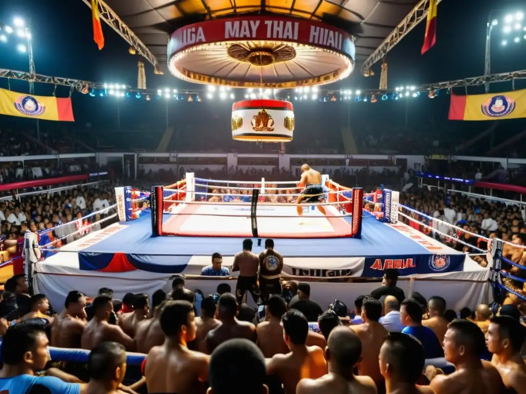 Un estadio de Muay Thai repleto en Tailandia, con el ring en el centro, seguido por entusiastas aficionados y coloridas pancartas