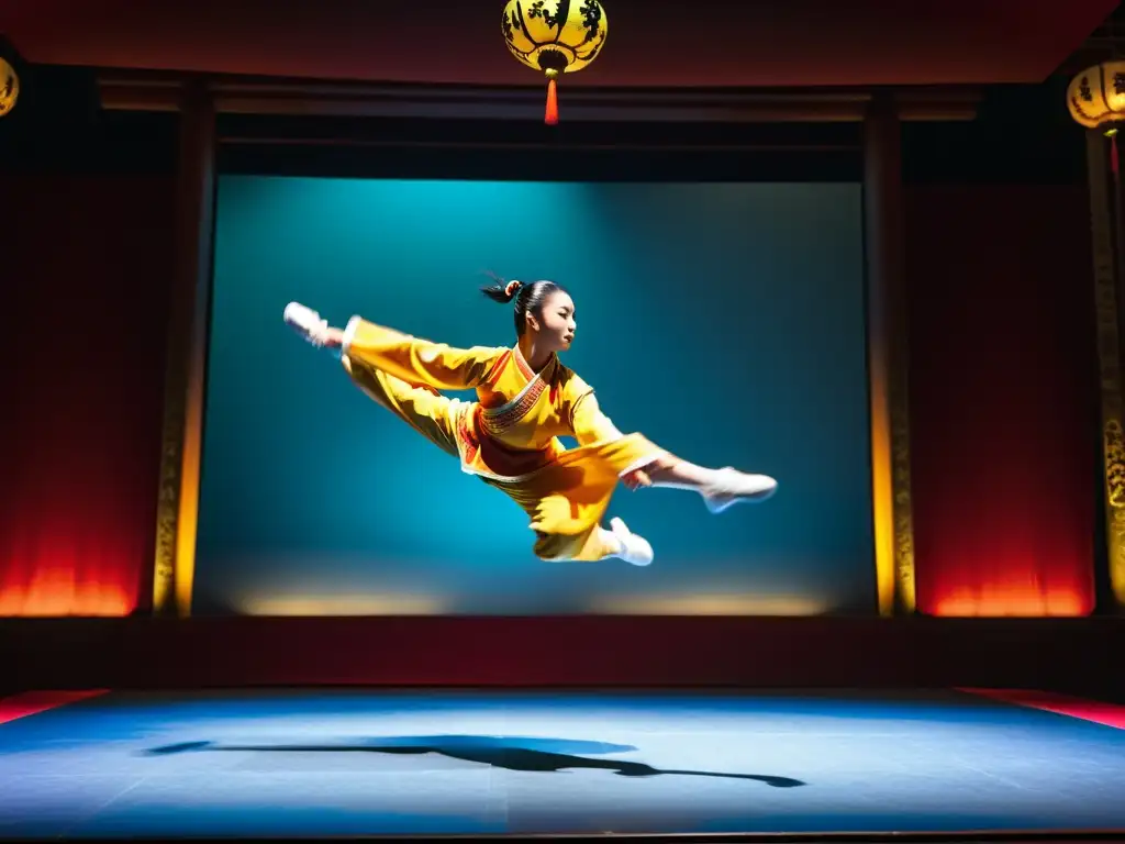 Estética marcial cine danza: Impactante exhibición de wushu en un teatro con iluminación dramática, destacando gracia y poder