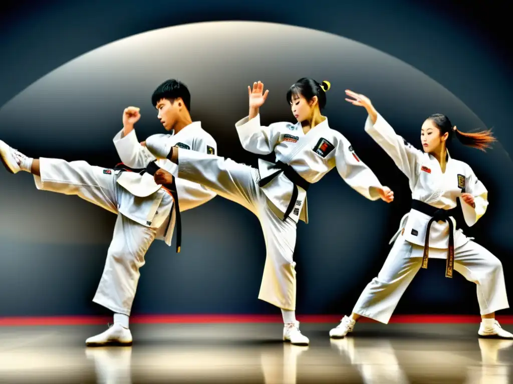 Estética del movimiento en Taekwondo: Practicantes ejecutan elegantes patadas en un estudio minimalista