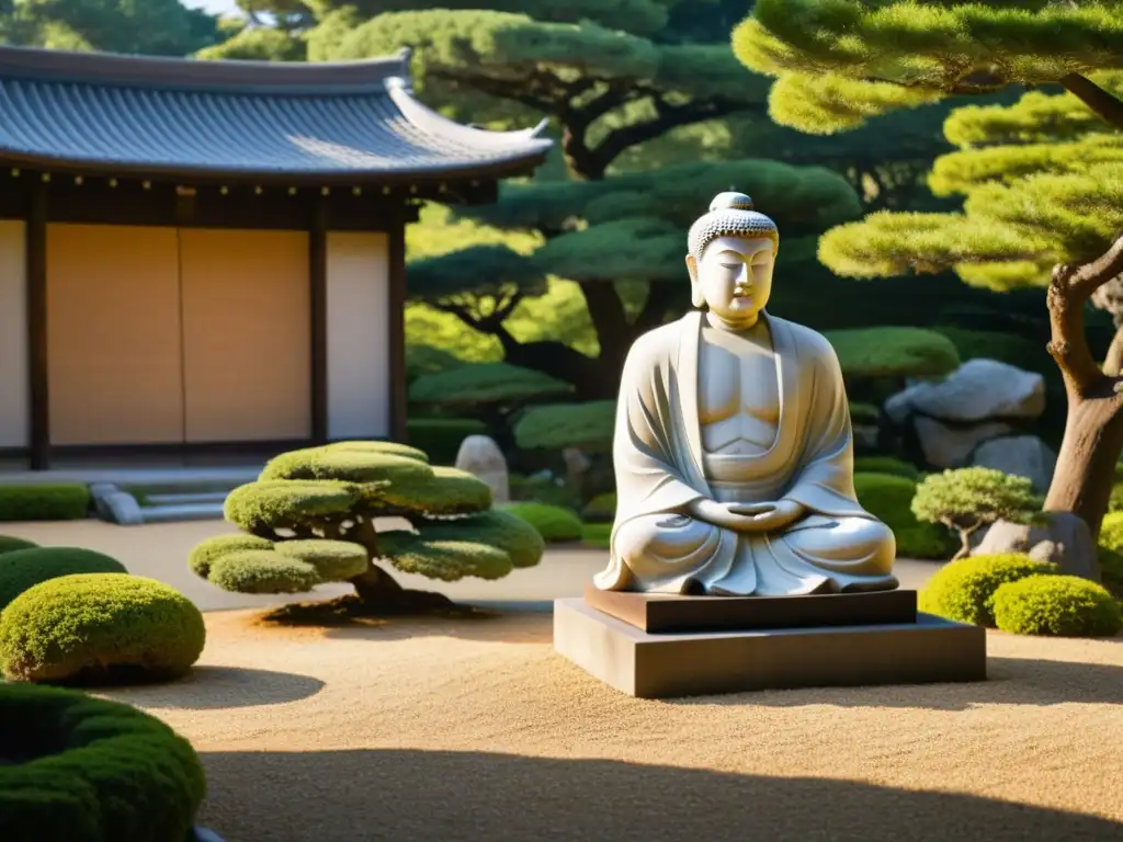 Estoica estatua de filósofo en jardín japonés, transmite fortaleza mental en artes marciales