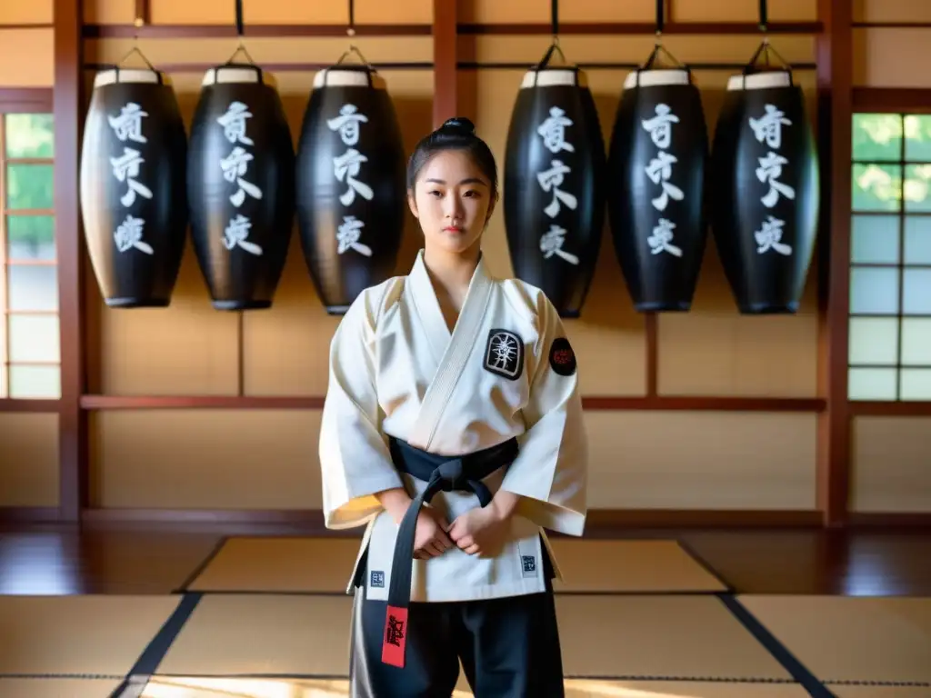 Estudiante de artes marciales en dojo tradicional, rodeado de maniquíes de entrenamiento y caligrafía japonesa