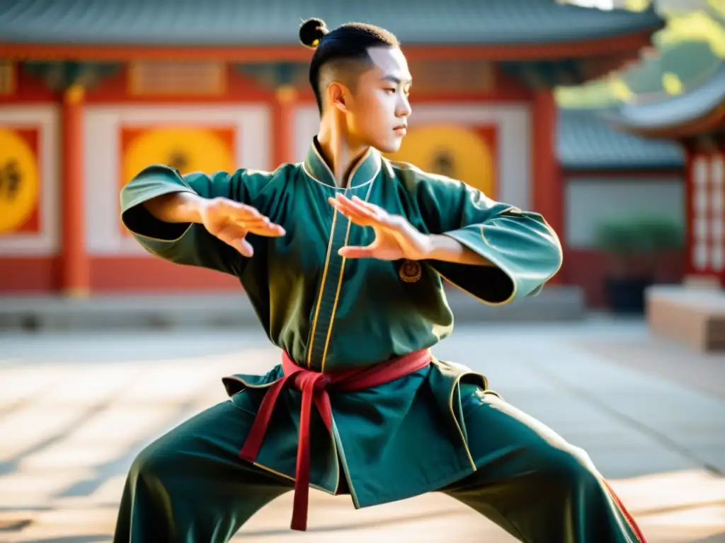 Un estudiante principiante de Kung Fu realiza movimientos fluidos y precisos bajo la atenta mirada de su instructor en un tranquilo patio soleado