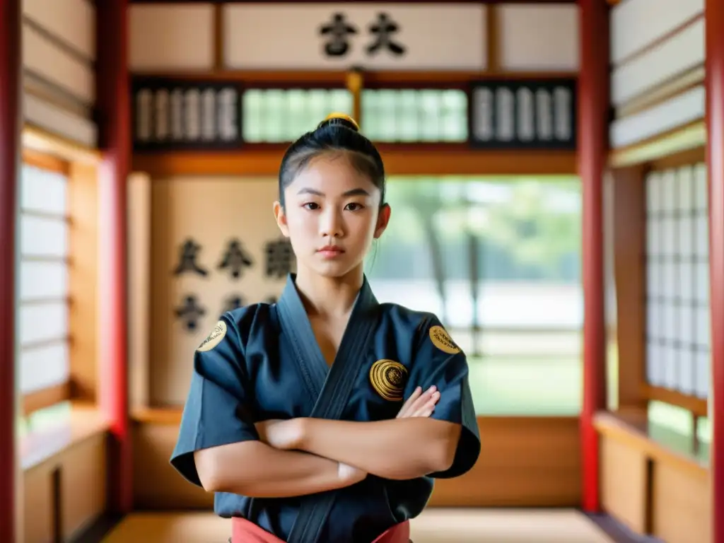 Un estudiante en uniforme de artes marciales, rodeado de un dojo iluminado con cita y armas, muestra determinación