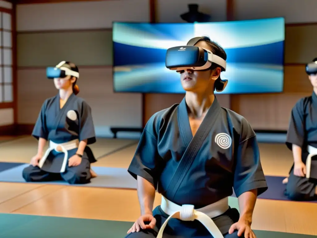 Estudiantes de Aikido en el dojo usando VR, fusionando lo tradicional con la tecnología digital en la era moderna