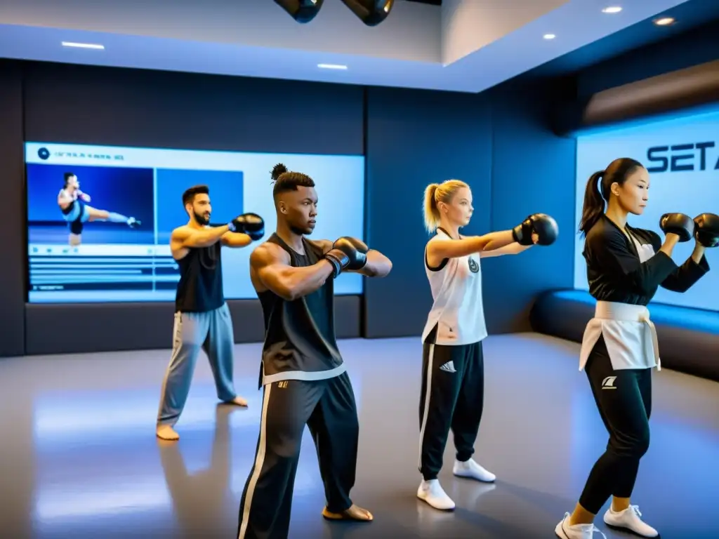 Estudiantes de artes marciales practicando con apps innovadoras en un centro de entrenamiento de alta tecnología