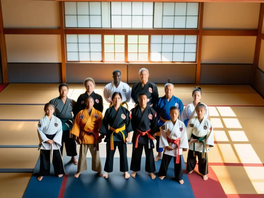 Unidad y diversidad: estudiantes de artes marciales en un dojo tradicional Estudiantes de artes marciales con cinturones de colores en círculo, mostrando unidad y respeto en un dojo con arquitectura japonesa
