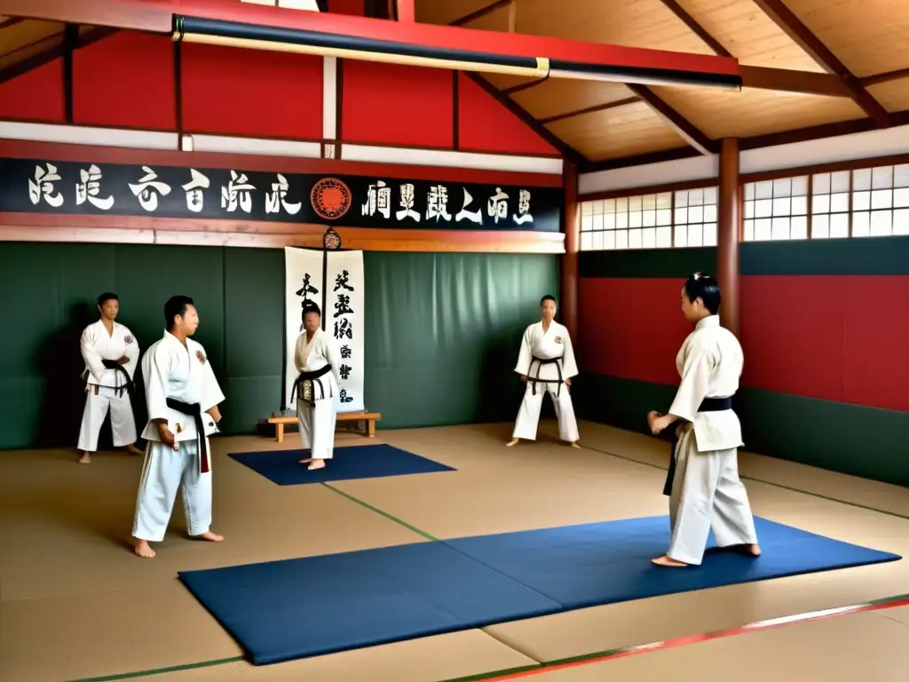 Estudiantes practicando artes marciales en un dojo tradicional, resaltando el valor cultural del merchandising de las artes marciales