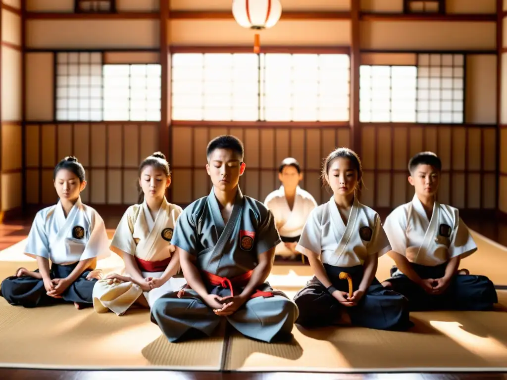 Estudiantes de artes marciales meditan en un dojo tradicional, demostrando la importancia de la meditación en artes marciales