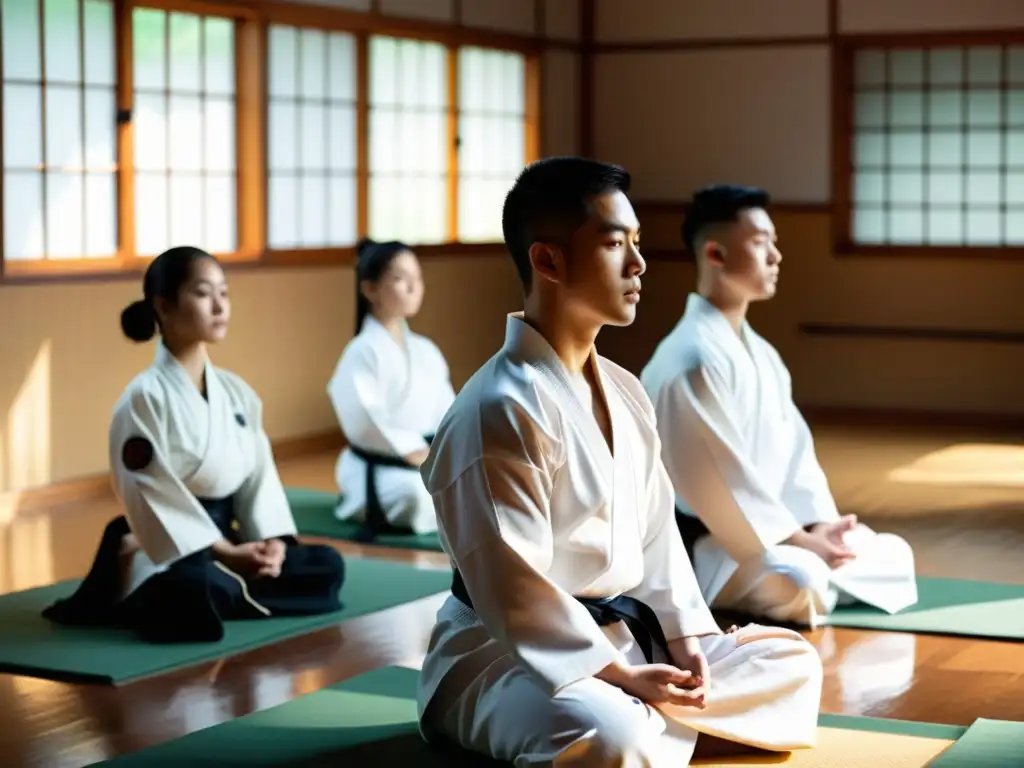 Estudiantes de artes marciales meditan en un dojo sereno con el sensei