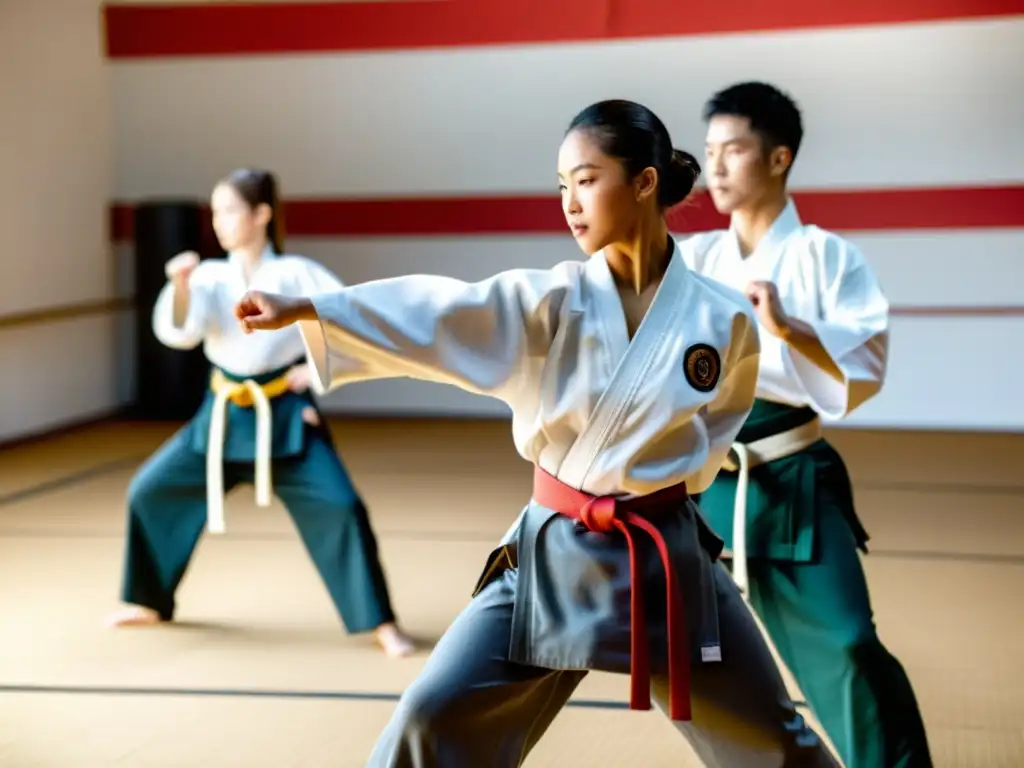 Estudiantes de artes marciales practican con determinación en un dojo iluminado, reflejando la planificación temporada entrenamiento artes marciales