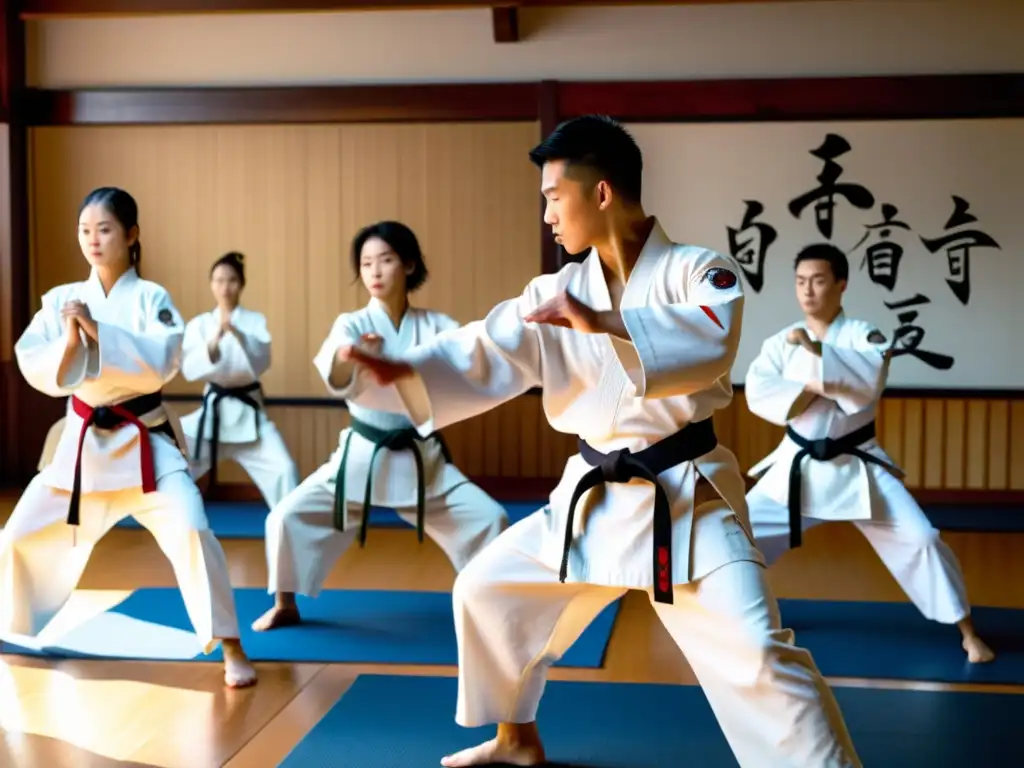 Estudiantes de artes marciales en un dojo tradicional, ejecutando movimientos precisos y sincronizados bajo la mirada atenta del sensei