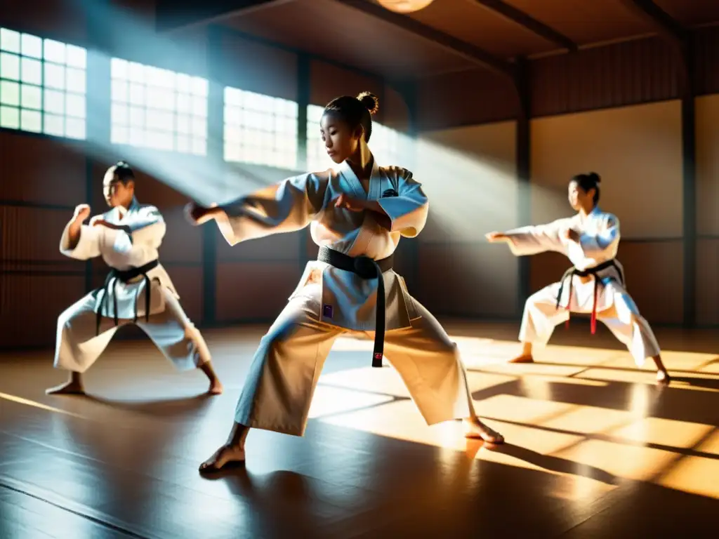 Estudiantes de artes marciales practicando en un dojo soleado, capturando la gracia y poder de su arte