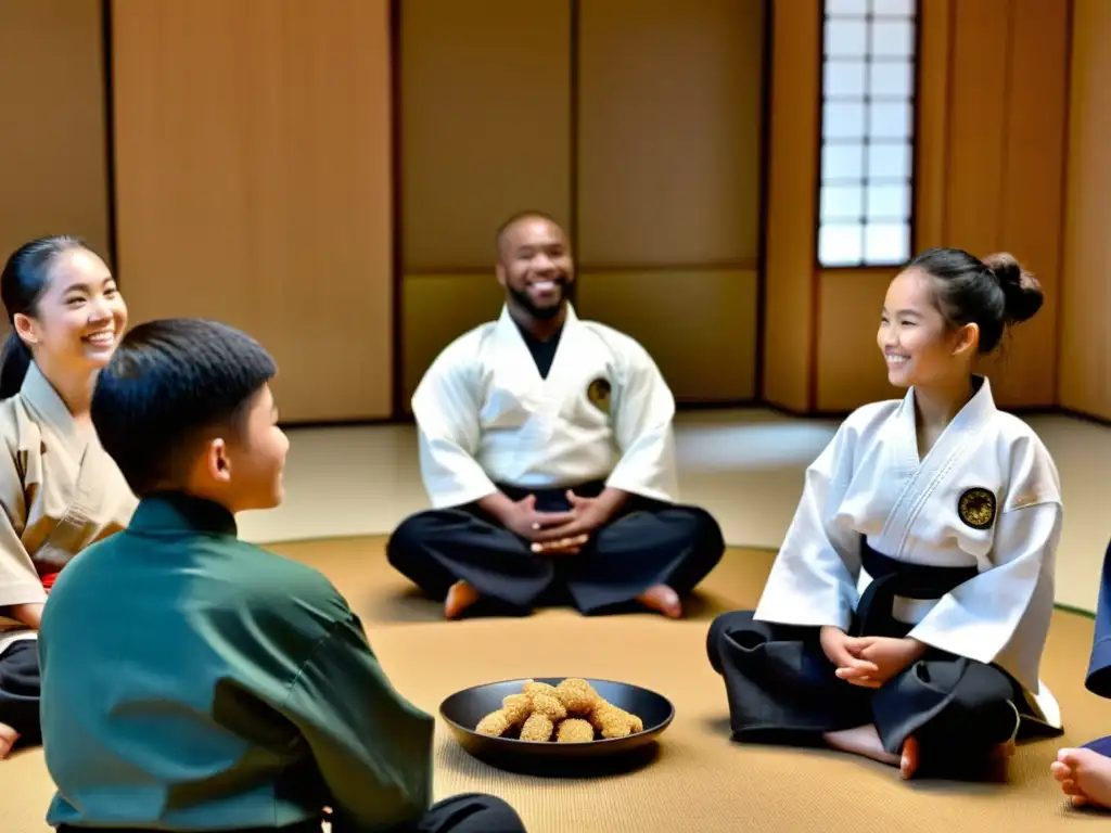 Estudiantes de artes marciales en el dojo, disfrutando de snacks sin alérgenos y conversando sobre nutrición y alergias alimentarias